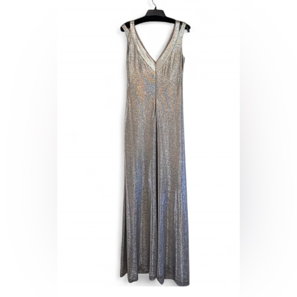 Lauren Ralph Lauren Metallic Silver Draped V Neck Maxi Gown Ruched Bodycon 14 - Picture 5 of 9